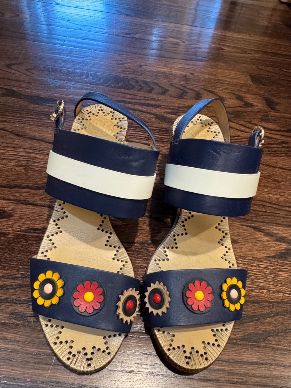Tory Burch Navy, White & Multicolor Floral Leather Sandals